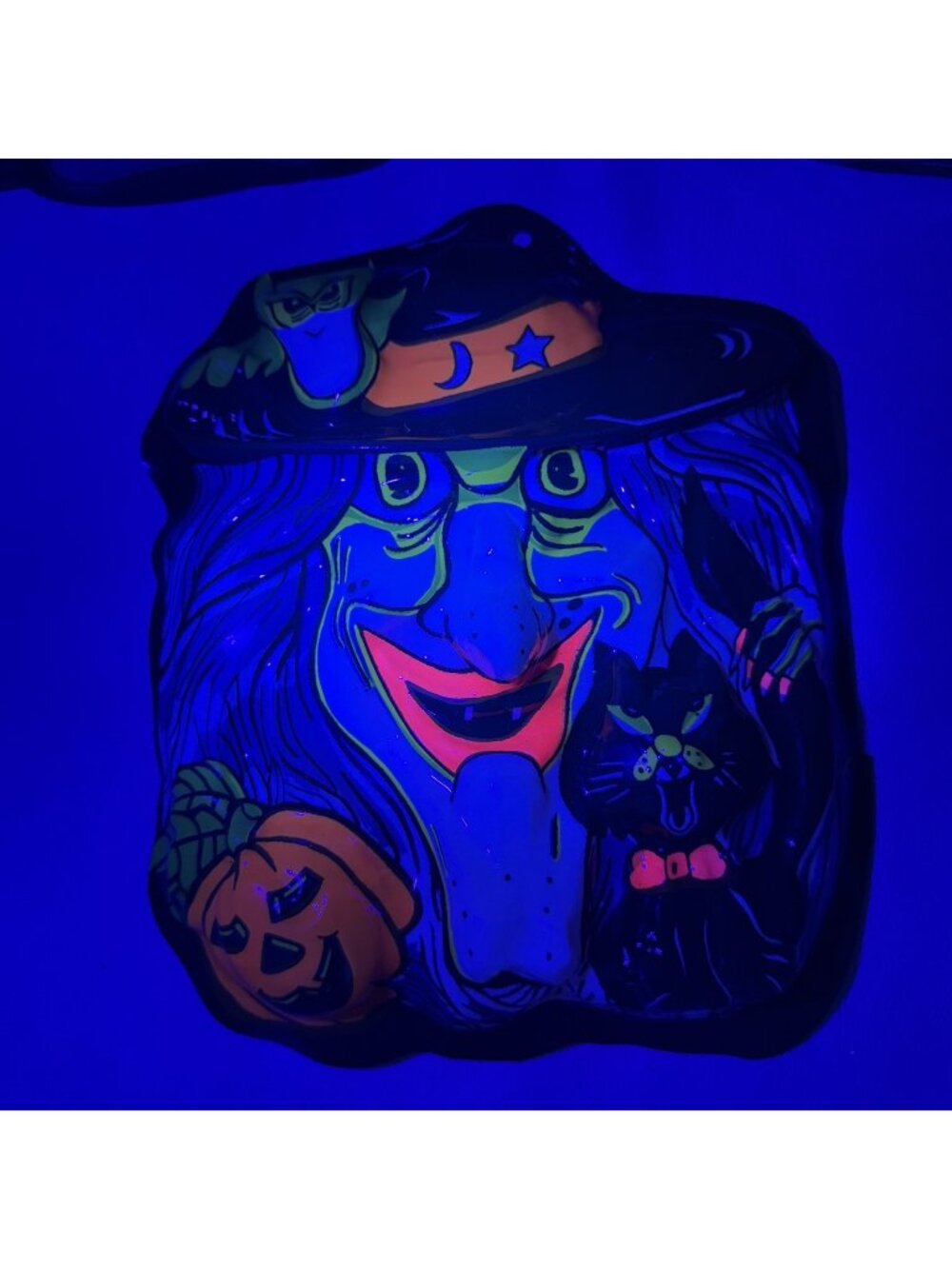 Vintage Halloween Witch Cat Pumpkin Plastic Wall Decor GLOWS